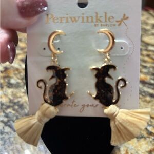 Periwinkle Black Cat and Moon Flying on a broom Earrings